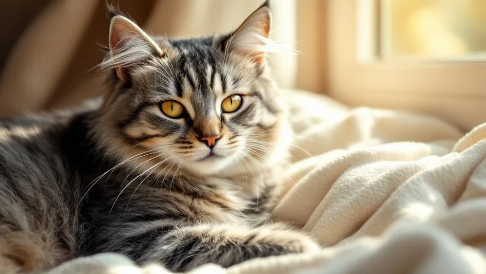 Serene grijze tabby kat rust op crème deken in warm zonlicht bij raam met voerbak en bed nabij