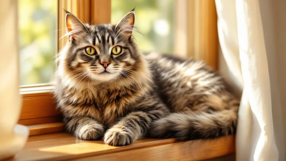 Oudere gestreepte kat met grijze vacht rust vredig op houten vensterbank in warm zonlicht