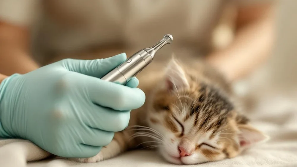 Dierenarts houdt laparoscopisch instrument vast met slapende kat op de achtergrond op natuurlijke houten ondergrond
