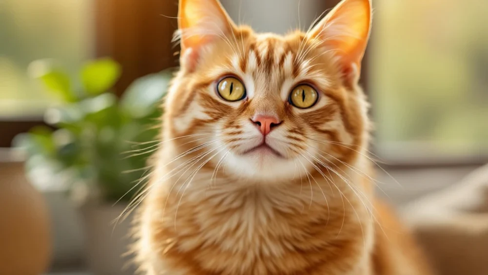 Gezonde oranje gestreepte kat met heldere ogen zit vredig in warm zonlicht bij raam, wazige natuurlijke achtergrond