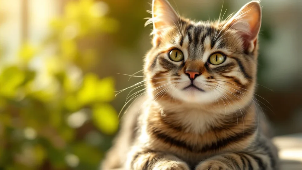 Gezonde tabby kat zit vredig in zonlicht met groene bladeren op achtergrond, veterinaire spuit op houten oppervlak