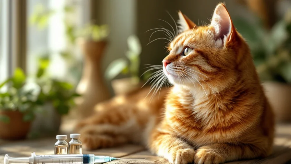 Gezonde oranje cyperse kat zit rustig op houten oppervlak naast veterinaire spuit en flesjes voor vaccinatie