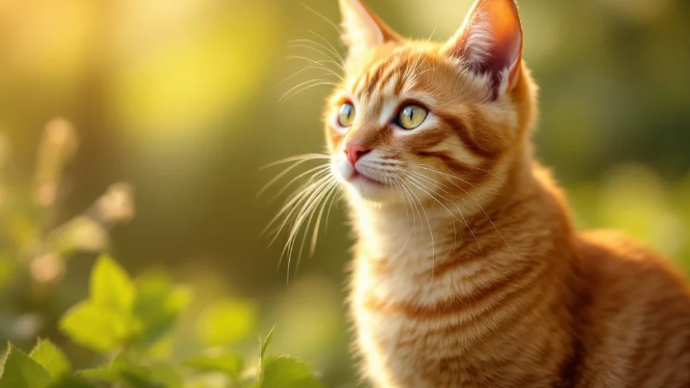Gezonde oranje gestreepte kat zit vredig in zonlicht tussen zachte groene bladeren met warme gouden verlichting.