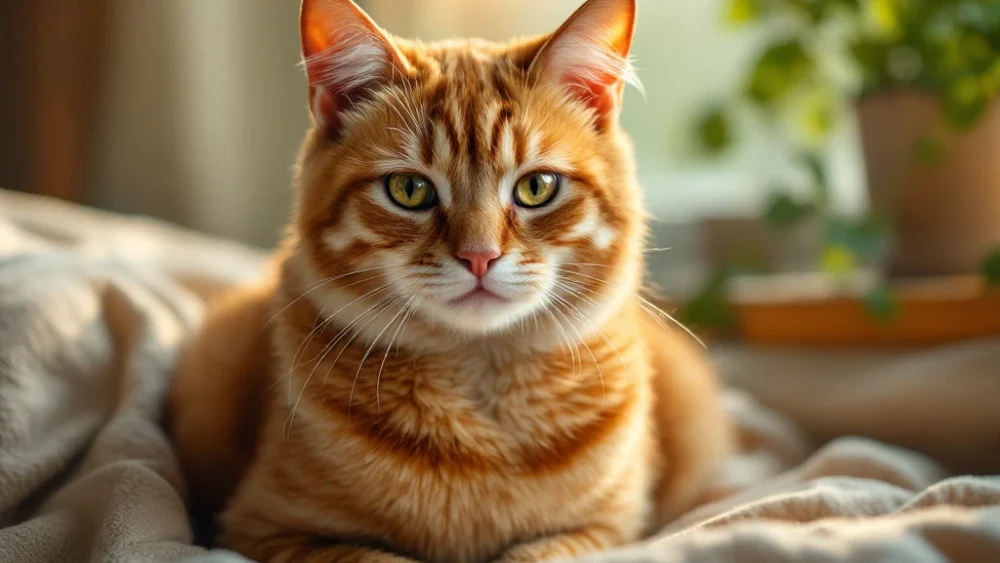 Zieke oranje gestreepte kat met vermoeide ogen zit op beige deken bij raam in natuurlijk licht