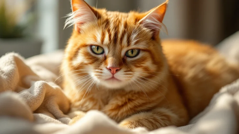 Zieke oranje cyperse kat rust op beige deken in warm zonlicht, met vermoeide ogen en hangende oren