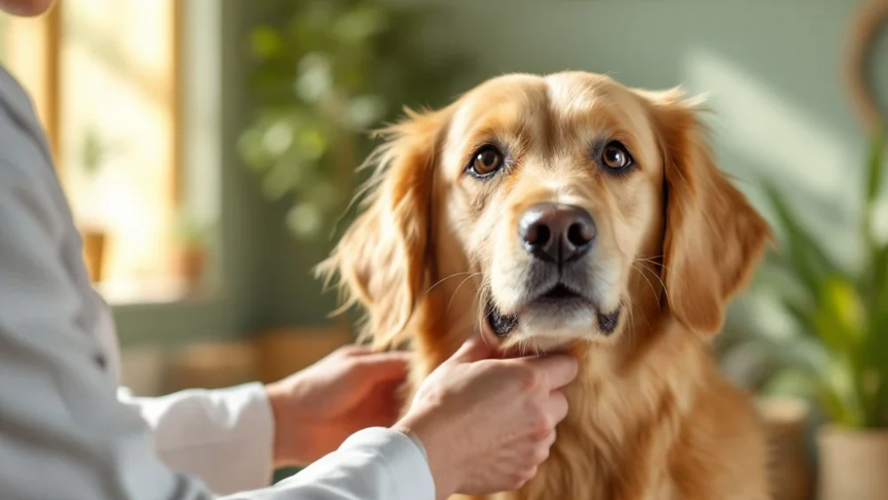 Dierenarts onderzoekt gouden retriever in warme, huiselijke omgeving met natuurlijk licht en groene planten