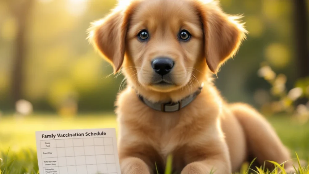 Golden retriever puppy zittend in zonlicht gras met vaccinatieschema document, natuurlijke buitenomgeving