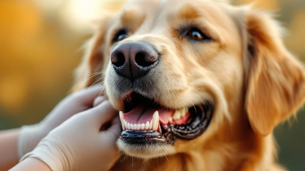 Gouden retriever krijgt tandheelkundige controle door handen in handschoenen, toont gezonde tanden en tandvlees buitenshuis