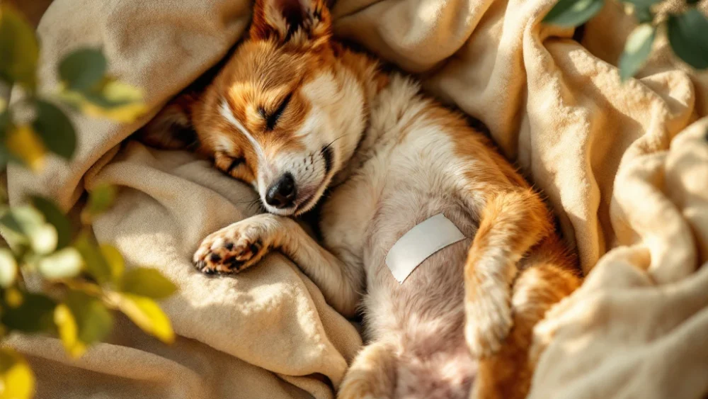 Rustende hond op beige deken tijdens herstel na operatie, met verbandage op buik in warme huiselijke omgeving