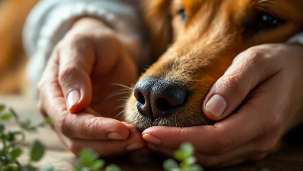 Dierenarts houdt kleine microchip vast met golden retriever op achtergrond in warme, natuurlijke veterinaire setting