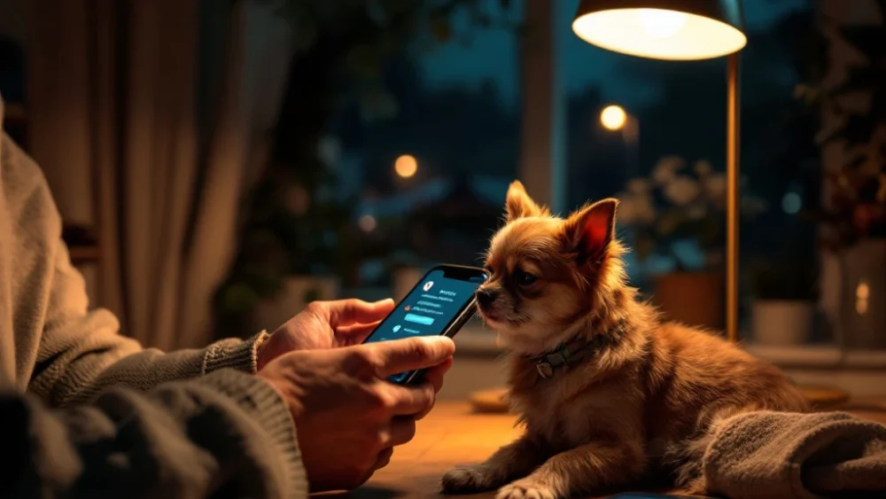 Bezorgde eigenaar houdt gewonde hond vast onder warme lamp, smartphone met noodcontacten op houten tafel, nachtelijke sfeer